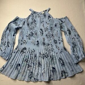 Spense Womens Cold Shoulder Pleated Blue Floral Blouse Size Small